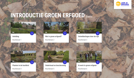Hier zie je de verschillende hoofdstukken van de e-learning module Introductie Groen Erfgoed. 
