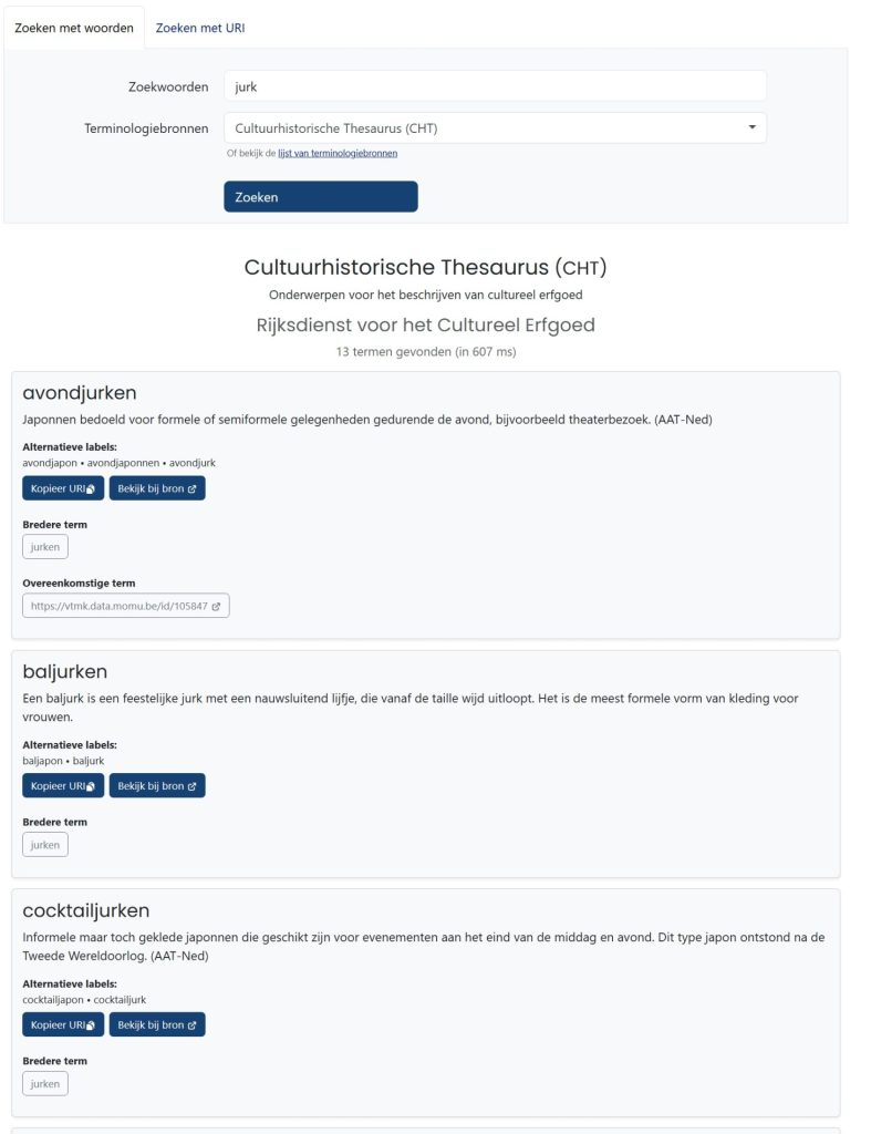 Screenshot van het Termennetwerk met voorbeelden van termen en categorieën. Zoekwoord: jurk. Avondjurken, baljurken, cocktailjurken verschijnen.
