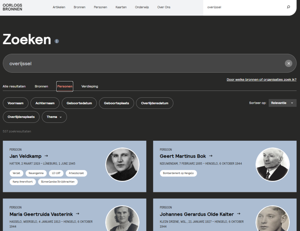 Screenshot van oorlogsbronnen.nl met zoekterm Overijssel, 537 hits levert die zoekterm op